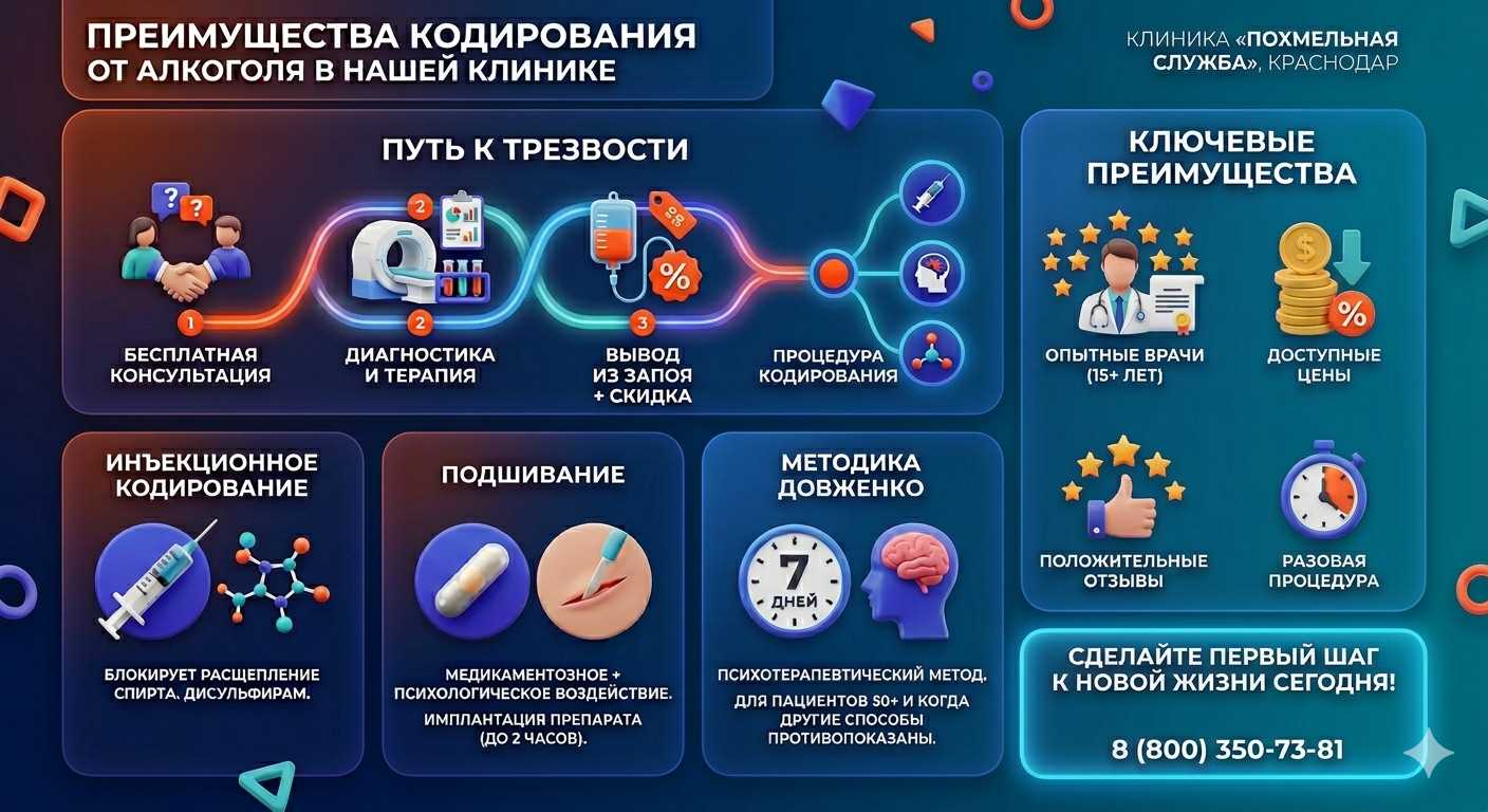 Инфографика о методах кодирования от алкоголя в Дальнегорске: инъекции, подшивание, метод Довженко. Преимущества клиники и этапы лечения.